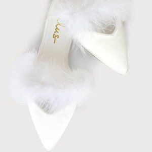 White Satin Feather Pointed-Toe Mule Slides